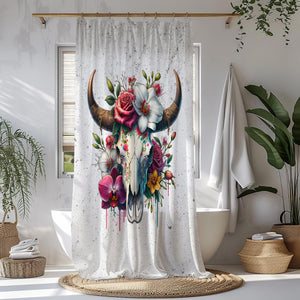 Floral Bull Skull Shower Curtain – Rustic Boho Statement for Artistic & Western Bathroom Déco