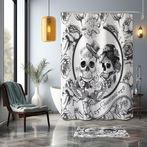 Sugar Skull Couple Shower Curtain – Gothic Bathroom Decor – Day of the Dead Bath Curtain – Dark Romance Skeleton Art – Folk N Funky