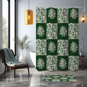 Green Botanical Checkered Shower Curtain – Farmhouse Bathroom Decor Set