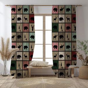 Rustic Woodland Window Curtains Bear Deer Buffalo Plaid Cabin Drapes Blackout or Sheer Folk and Funky
