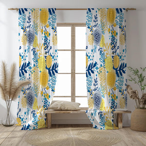French Country Floral Window Curtains Yellow Blue Gray Botanical Drapes Blackout or Sheer Folk and Funky