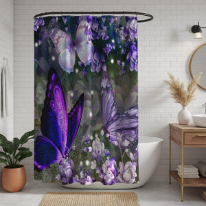Purple Butterfly Shower Curtain – Floral Nature Print, Boho Bathroom Decor