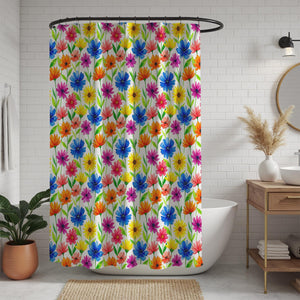 Floral Shower Curtain – Country Farmhouse Bathroom Decor – Vibrant Wildflowers – Cottagecore Rustic Chic