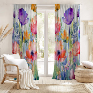 Watercolor Floral Curtain: Vibrant Boho Window Panel, Botanical Home Decor, Bright Flower Print Drapes