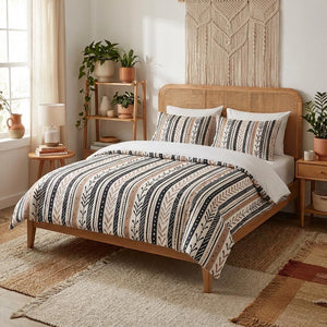 Boho Stripe Duvet Cover Set, Earthy Neutral Bedding, Modern Bedroom Decor, Queen King Twin