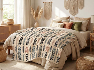 Boho Pattern Fleece Blanket Cozy Sherpa Throw Neutral Bedroom Decor