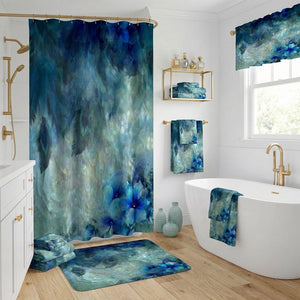 Misty Peacock Watercolor Bathroom Collection, Teal Boho Shower Curtain, Bath Mat
