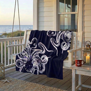 Nautical Octopus Sherpa Fleece Blanket • Coastal Beach House Throw • Navy Blue Sea Life Decor