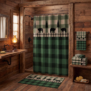 Rustic Plaid Bear Shower Curtain Optional Bathroom Set, Green Buffalo Plaid