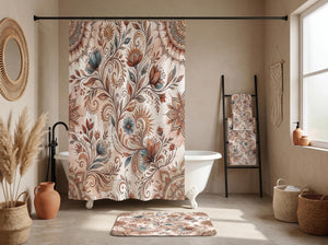 Floral Boho Shower Curtain Bohemian Bathroom Decor - Bath Set • Matching Towels & Bath Mat