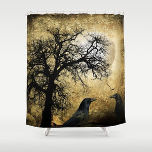 Shower Curtain Rustic Primitive Grunge Tree,  Moon and Crows