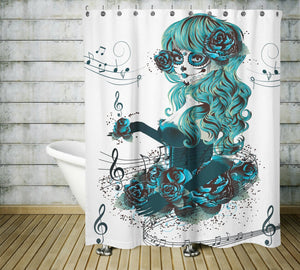 Sugar Skull Shower Curtain Teal Girl Skull Pretty Diva- Musical Notes